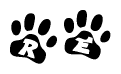 The image shows a row of animal paw prints, each containing a letter. The letters spell out the word Re within the paw prints.