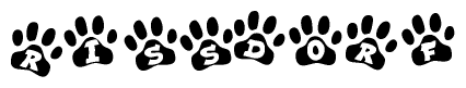 The image shows a series of animal paw prints arranged in a horizontal line. Each paw print contains a letter, and together they spell out the word Rissdorf.