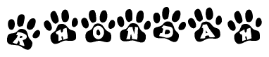 The image shows a series of animal paw prints arranged horizontally. Within each paw print, there's a letter; together they spell Rhondah