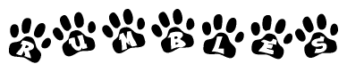 The image shows a series of animal paw prints arranged horizontally. Within each paw print, there's a letter; together they spell Rumbles