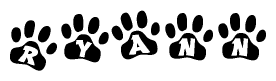 The image shows a series of animal paw prints arranged horizontally. Within each paw print, there's a letter; together they spell Ryann