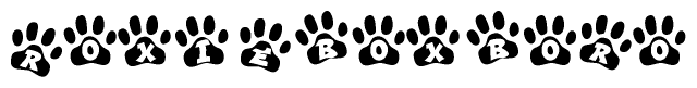 The image shows a series of animal paw prints arranged horizontally. Within each paw print, there's a letter; together they spell Roxieboxboro