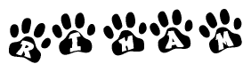 The image shows a series of animal paw prints arranged horizontally. Within each paw print, there's a letter; together they spell Riham
