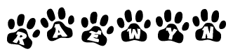 The image shows a row of animal paw prints, each containing a letter. The letters spell out the word Raewyn within the paw prints.