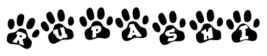 The image shows a row of animal paw prints, each containing a letter. The letters spell out the word Rupashi within the paw prints.