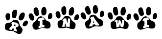 The image shows a series of animal paw prints arranged in a horizontal line. Each paw print contains a letter, and together they spell out the word Rinawi.