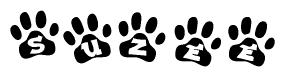 The image shows a series of animal paw prints arranged horizontally. Within each paw print, there's a letter; together they spell Suzee