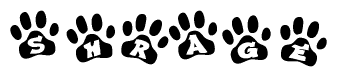 The image shows a series of animal paw prints arranged horizontally. Within each paw print, there's a letter; together they spell Shrage