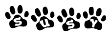 The image shows a series of animal paw prints arranged horizontally. Within each paw print, there's a letter; together they spell Susy