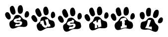 The image shows a row of animal paw prints, each containing a letter. The letters spell out the word Sushil within the paw prints.