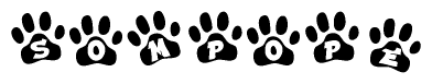 The image shows a series of animal paw prints arranged in a horizontal line. Each paw print contains a letter, and together they spell out the word Sompope.