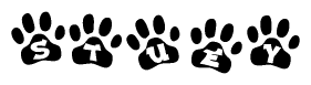 The image shows a series of animal paw prints arranged horizontally. Within each paw print, there's a letter; together they spell Stuey