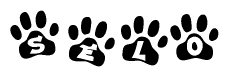 The image shows a series of animal paw prints arranged horizontally. Within each paw print, there's a letter; together they spell Selo