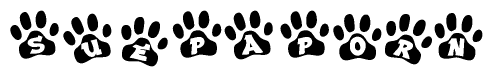 The image shows a row of animal paw prints, each containing a letter. The letters spell out the word Suepaporn within the paw prints.