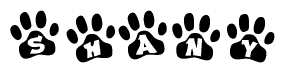 The image shows a series of animal paw prints arranged horizontally. Within each paw print, there's a letter; together they spell Shany