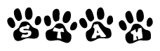 The image shows a series of animal paw prints arranged in a horizontal line. Each paw print contains a letter, and together they spell out the word Stah.