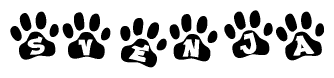 The image shows a series of animal paw prints arranged in a horizontal line. Each paw print contains a letter, and together they spell out the word Svenja.