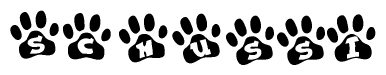 The image shows a series of animal paw prints arranged horizontally. Within each paw print, there's a letter; together they spell Schussi