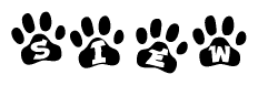 The image shows a row of animal paw prints, each containing a letter. The letters spell out the word Siew within the paw prints.