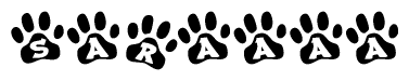 The image shows a row of animal paw prints, each containing a letter. The letters spell out the word Saraaaa within the paw prints.