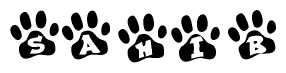 The image shows a row of animal paw prints, each containing a letter. The letters spell out the word Sahib within the paw prints.