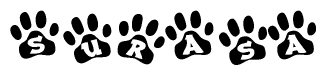 The image shows a row of animal paw prints, each containing a letter. The letters spell out the word Surasa within the paw prints.
