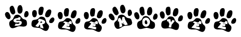 The image shows a series of animal paw prints arranged in a horizontal line. Each paw print contains a letter, and together they spell out the word Sreemoyee.