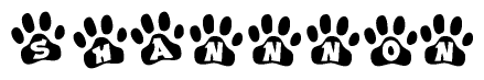 The image shows a row of animal paw prints, each containing a letter. The letters spell out the word Shannnon within the paw prints.