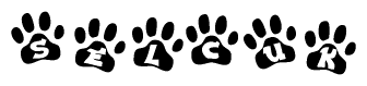 The image shows a row of animal paw prints, each containing a letter. The letters spell out the word Selcuk within the paw prints.