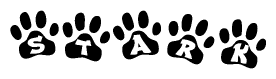 The image shows a row of animal paw prints, each containing a letter. The letters spell out the word Stark within the paw prints.