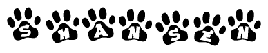 The image shows a series of animal paw prints arranged horizontally. Within each paw print, there's a letter; together they spell Shansen