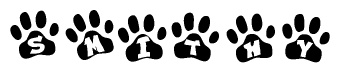 The image shows a row of animal paw prints, each containing a letter. The letters spell out the word Smithy within the paw prints.