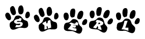 The image shows a row of animal paw prints, each containing a letter. The letters spell out the word Sherl within the paw prints.