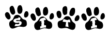 The image shows a series of animal paw prints arranged horizontally. Within each paw print, there's a letter; together they spell Siti