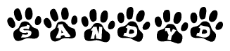The image shows a row of animal paw prints, each containing a letter. The letters spell out the word Sandyd within the paw prints.