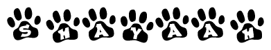 The image shows a series of animal paw prints arranged horizontally. Within each paw print, there's a letter; together they spell Shayaah