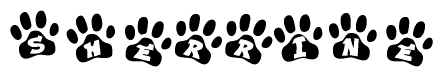The image shows a series of animal paw prints arranged horizontally. Within each paw print, there's a letter; together they spell Sherrine