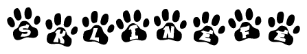 The image shows a series of animal paw prints arranged in a horizontal line. Each paw print contains a letter, and together they spell out the word Sklinefe.