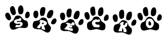 The image shows a series of animal paw prints arranged in a horizontal line. Each paw print contains a letter, and together they spell out the word Srecko.