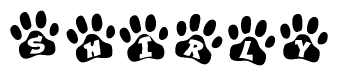The image shows a series of animal paw prints arranged horizontally. Within each paw print, there's a letter; together they spell Shirly