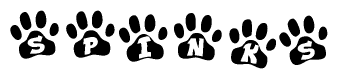 The image shows a row of animal paw prints, each containing a letter. The letters spell out the word Spinks within the paw prints.