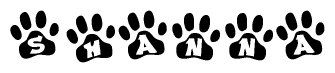 The image shows a series of animal paw prints arranged horizontally. Within each paw print, there's a letter; together they spell Shanna