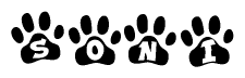 The image shows a series of animal paw prints arranged horizontally. Within each paw print, there's a letter; together they spell Soni