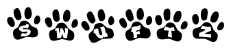 The image shows a series of animal paw prints arranged horizontally. Within each paw print, there's a letter; together they spell Swuftz