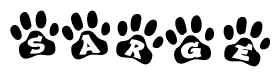 The image shows a series of animal paw prints arranged in a horizontal line. Each paw print contains a letter, and together they spell out the word Sarge.