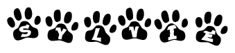 The image shows a series of animal paw prints arranged in a horizontal line. Each paw print contains a letter, and together they spell out the word Sylvie.