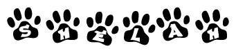 The image shows a row of animal paw prints, each containing a letter. The letters spell out the word Shelah within the paw prints.
