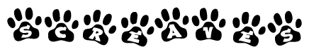 The image shows a series of animal paw prints arranged horizontally. Within each paw print, there's a letter; together they spell Screaves