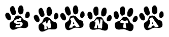 The image shows a series of animal paw prints arranged horizontally. Within each paw print, there's a letter; together they spell Shanta