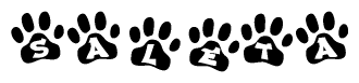 The image shows a series of animal paw prints arranged horizontally. Within each paw print, there's a letter; together they spell Saleta